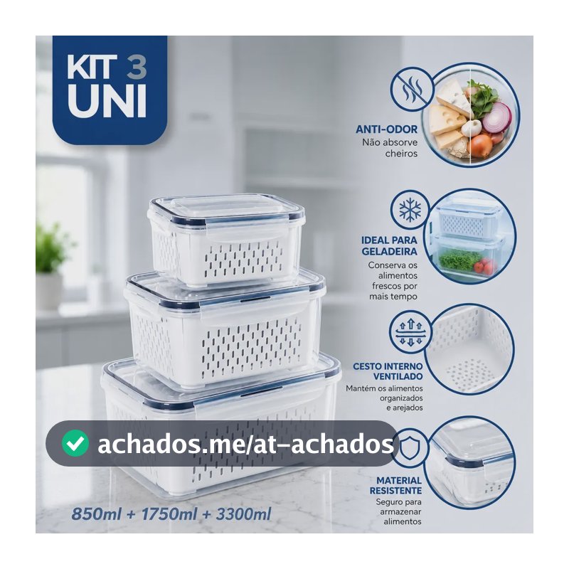 Kit 3 Recipientes Vedação Hermética Empilháveis Conservar Branco