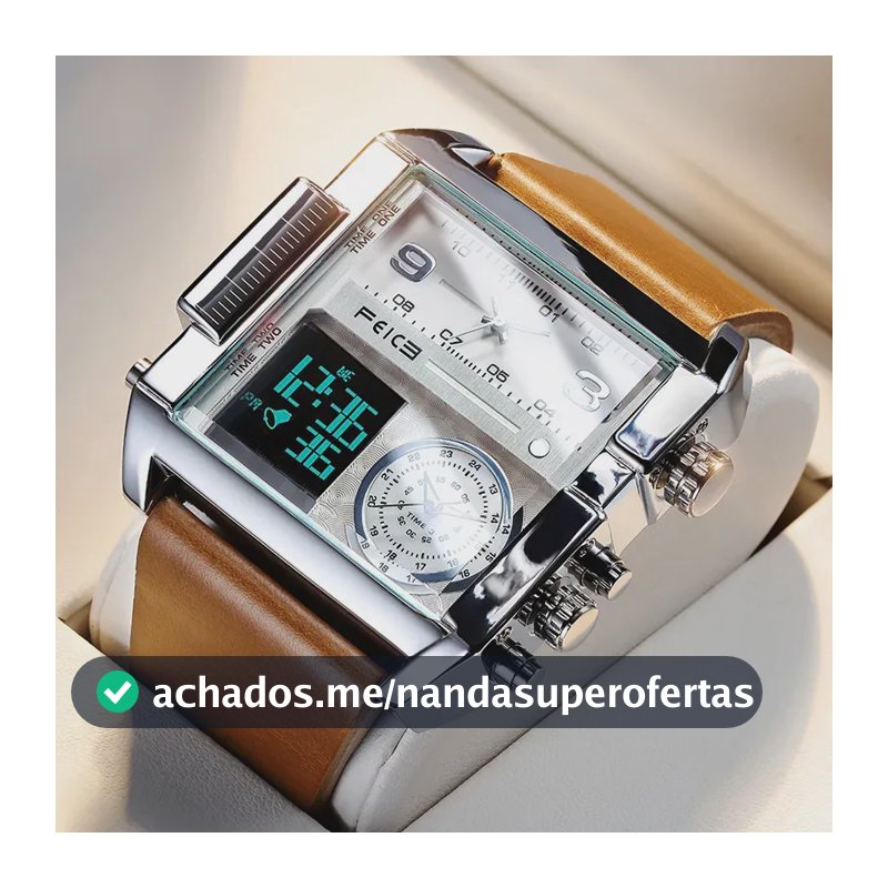 Relógio Masculino FEICE FK030 Analógico Digital Quartzo Pulseira de Couro Display LED Calendário Data Semana 24 Horas Design Quadrado 3ATM