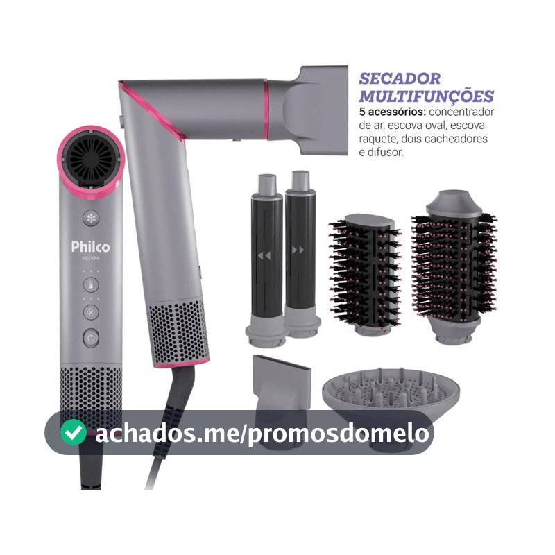 Secador de Cabelos Philco Motor BLDC 6 acessórios Fast Dry 1450W PSD16A 127v