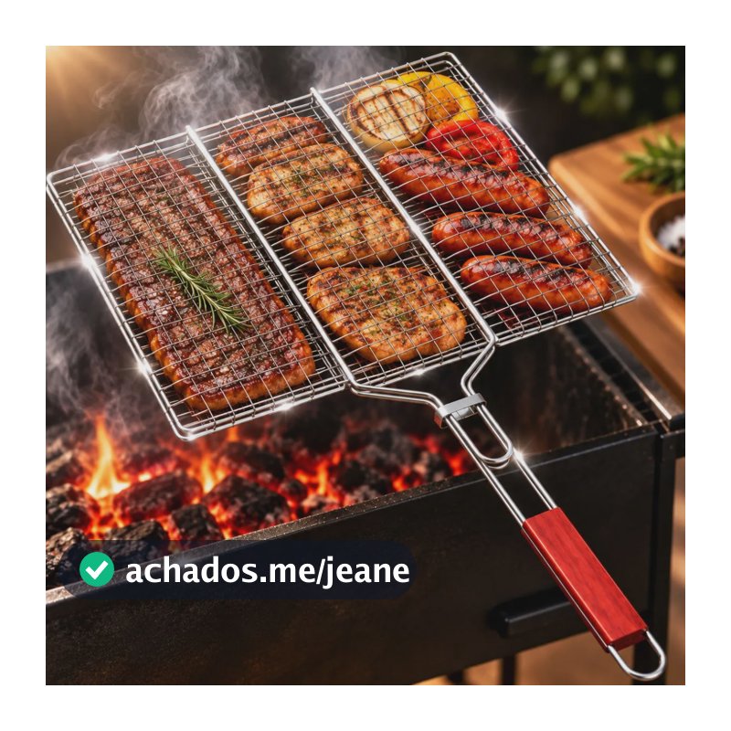 Grelha Dupla Para Churrasco Aço Inox 34x23cm Cabo De Madeira