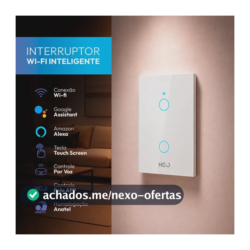 Interruptor Inteligente Smart Wi-fi 2.4 GHz Alexa google 2 Botões 4x2 Bivolt Branco Cod: 291990374 Neo Avant