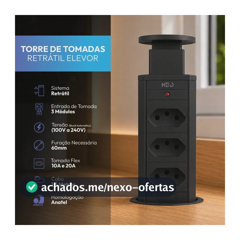 Torre de Tomada Embutir Neo Avant Preta 3 Tomadas Flex 10A 20A Bivolt