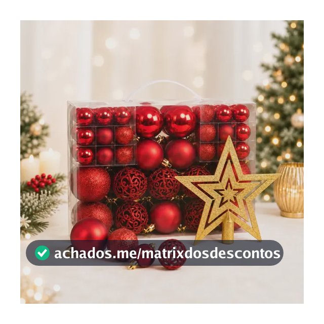 Kit Maleta 50 Bolas Pendentes + Estrela Ponteira Para Árvore De Natal Decoração Natalina Premium - Vermelha