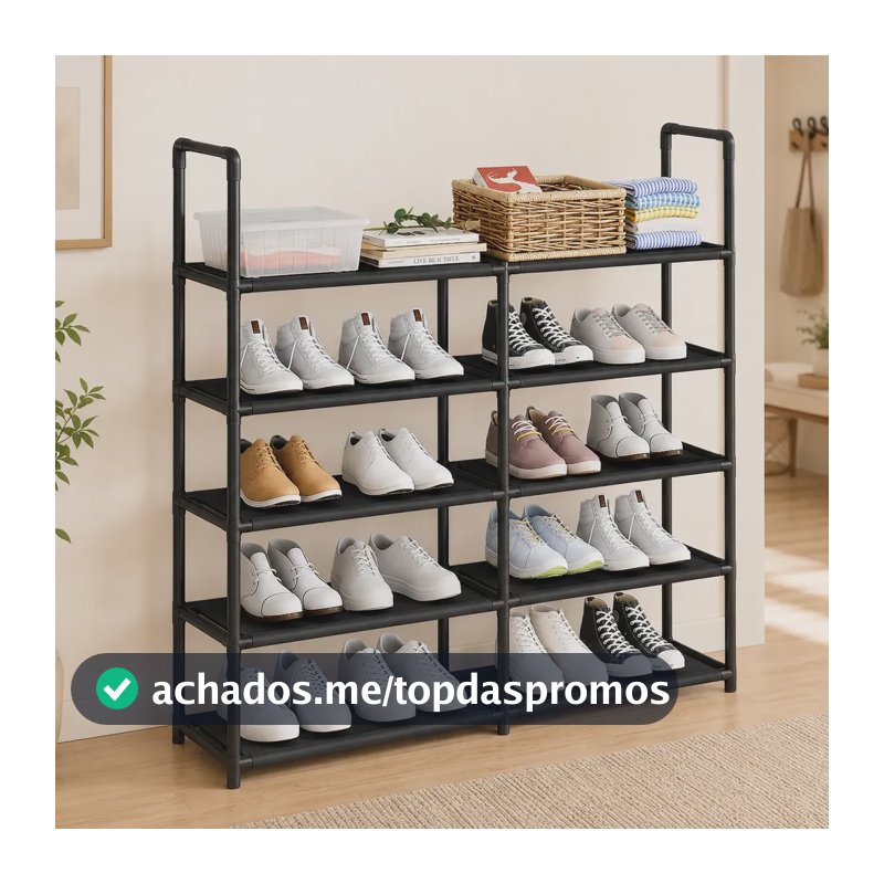 Estante Multiuso 5 Prateleiras Organizador Sapateira Caixa Preta Resistente Metal Plástico E Tnt