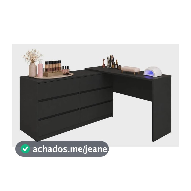 Mesa de Manicure Profissional de Canto em L com 6 Gavetas Organize Multimóveis MP6068 Preto