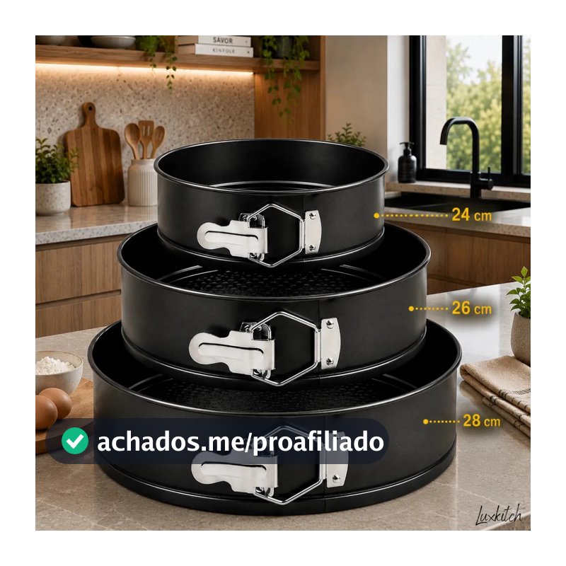 Kit 3 Formas Para Bolo Torta Com Fundo Removível Antiaderente Aço Carbono Redonda Preto Luxkitch