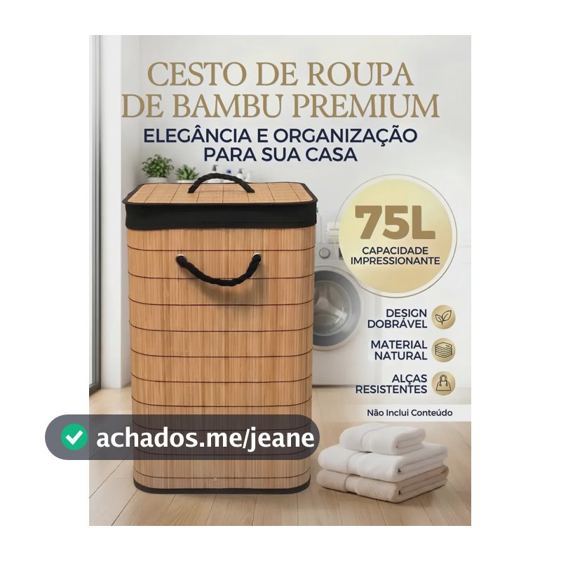 Cesto Organizador De Roupa Suja Com Alça 75 Litros Bambu Dobrável Grande Com Forro De Linho Pítia