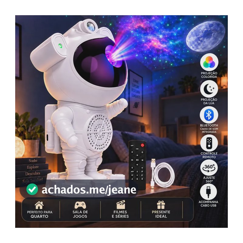 Luminária Astronauta Lua Galáxia Estrelas Led Bluetooth Efeitos Coloridos Caixa de Som Integrado 360° Ajustável Controle Remoto Perfeito para Dormir Luminaria de Mesa