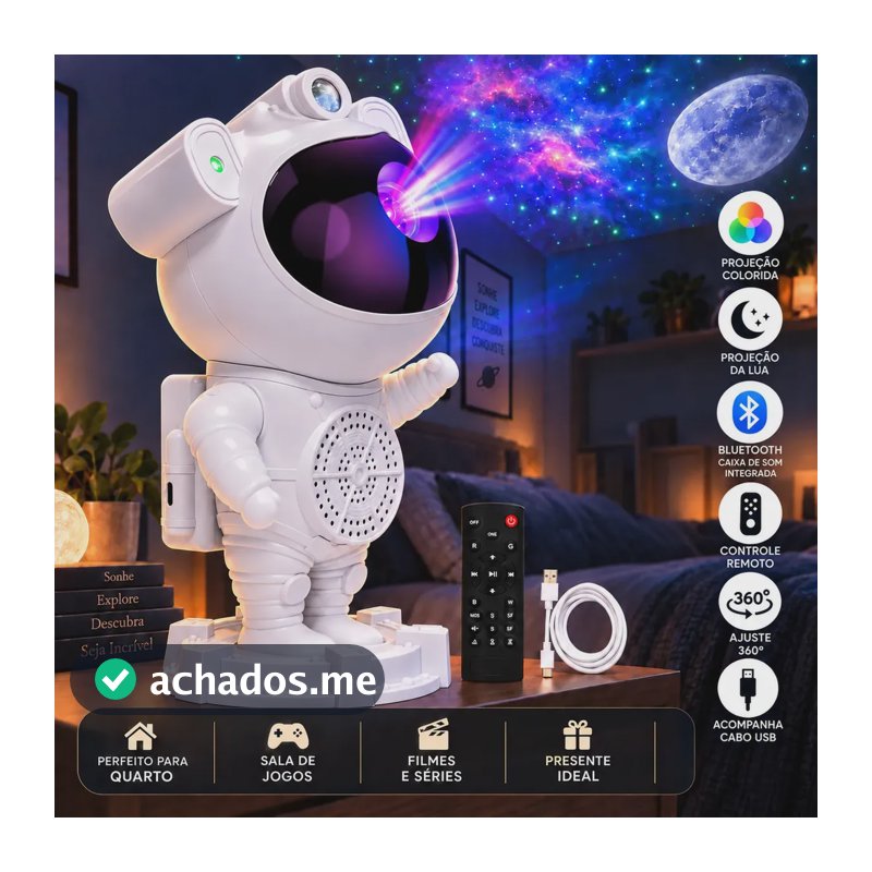 Luminária Astronauta Lua Galáxia Estrelas Led Bluetooth Efeitos Coloridos Caixa de Som Integrado 360° Ajustável Controle Remoto Perfeito para Dormir Luminaria de Mesa