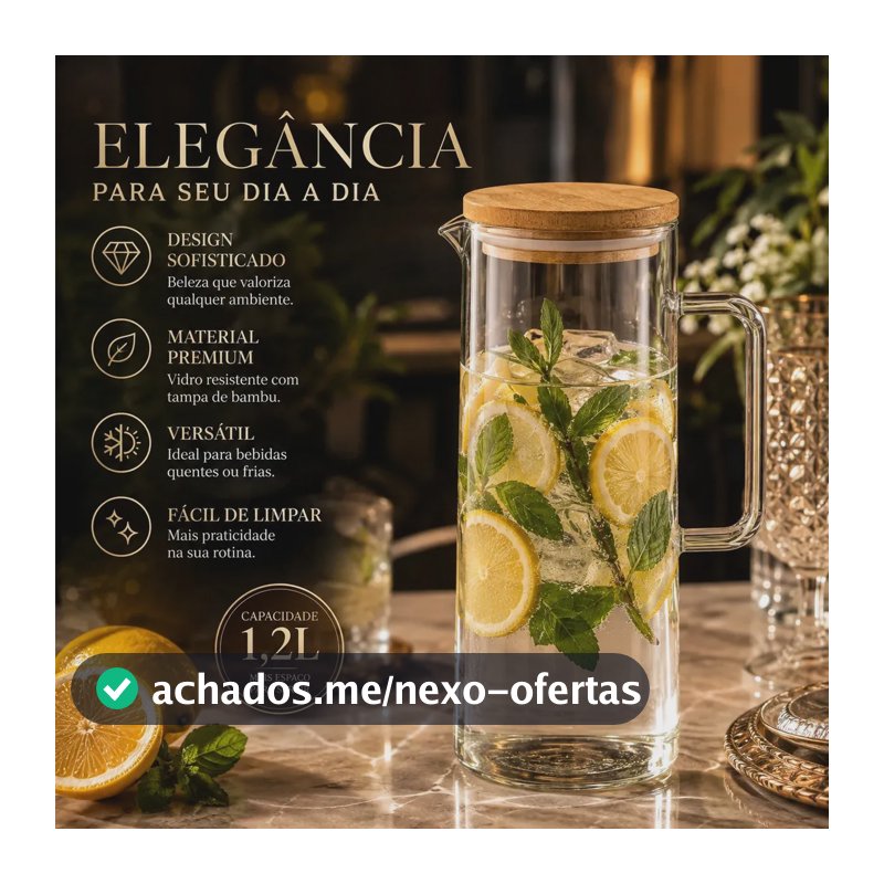 Jarra Vidro Borossilicato 1,2 Litros Tampa Bambu Hermética Premium Transparente Água Suco Chá Café Bebidas Quentes e Frias Resistente Mesa Posta Geladeira Cozinha Gourmet Restaurante Design Moderno