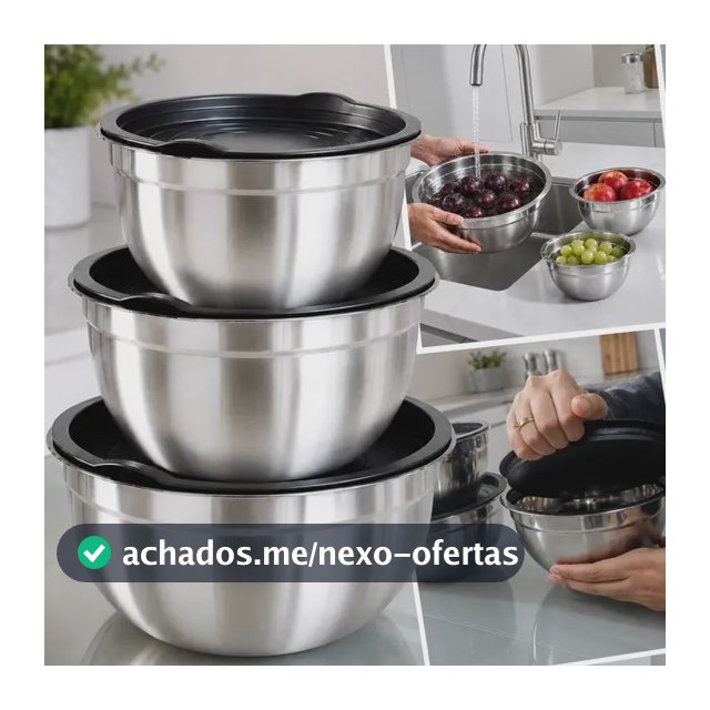 Kit 03 Tigela Bowl Com Tampa Plástica Bacia Inox Pote Utensílio Doméstico E Cozinha Para Geladeira Marca Kururuá