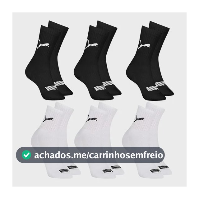 6 Pares Meias Puma Cano Médio Alto Atoalhada Academia Sport