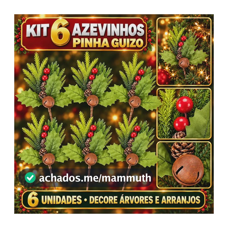 Kit 6 Pick Azevinho Galho Pinha Guizo Palito Natalino Enfeite Decoração Árvore de Natal LuvinCo