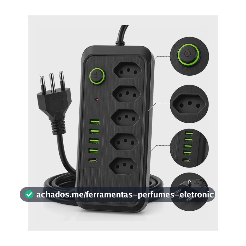 Filtro De Linha Extensão Régua Elétrica Bivolt Usb Tipo C Preto 127/220v