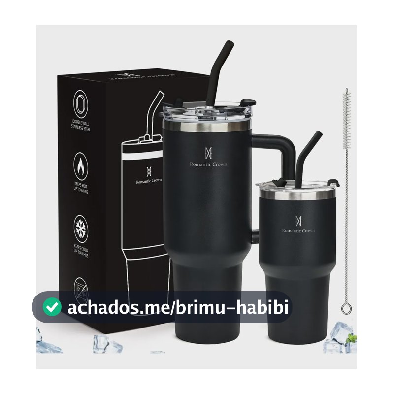 Kit Copo Térmica Inox 1200ml & 600ml Com Tampa E Canudo Preto Cor Pura