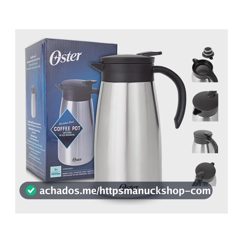 BULE TÉRMICO 1000 ML CASSELBECK OSTER - CORPO EM AÇO INOXIDÁVEL, ALÇA EM BAQUELITE ANTITÉRMICO, BICO DOSADOR COM GATILHO DE LIBERAÇÃO
