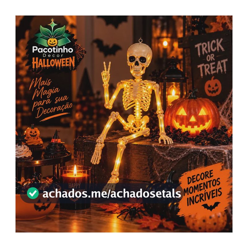 Esqueleto Caveira Com Led Decoração Festa Halloween Ossos Articulado 40cm Pacotinho Decor