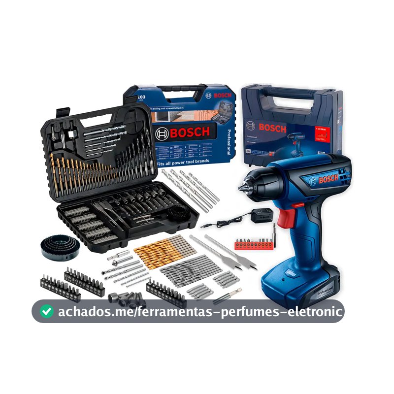 Furadeira Parafusadeira Sem Fio De 6mm Bosch Gsr 1000 Smart C/ Maleta + Jogo Kit Pontas Brocas 103 Peças Bosch