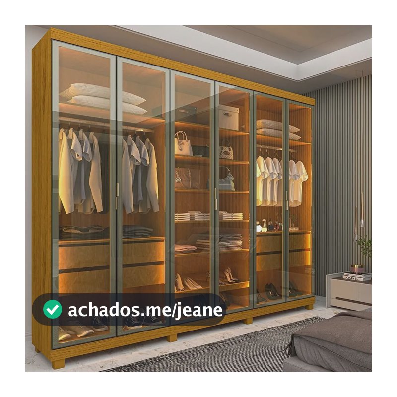 Guarda-roupa Casal 6 Portas Reflecta Com Pés E Led Naturale