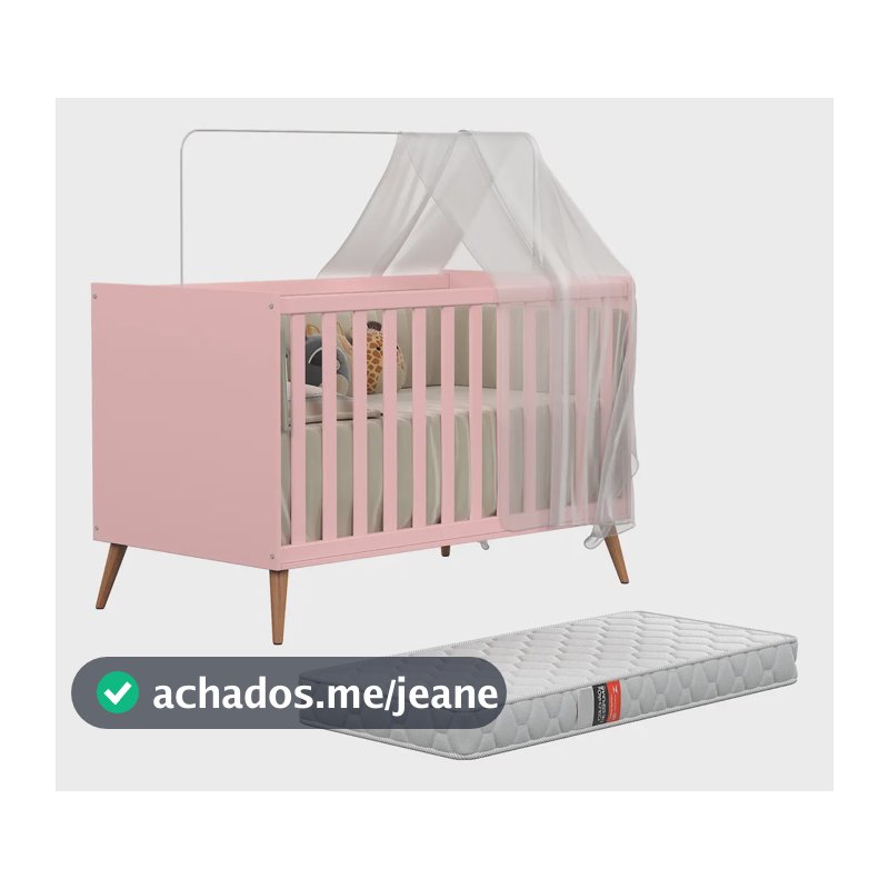 Berço Americano Com Colchão Probel Grade De Proteção Removível E Pés de Madeira P/ Quarto Infantil De Bebê Retro Cor Rosa