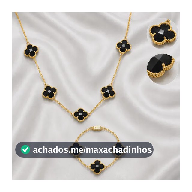 Kit Cordão +pulseira Trevo Van Cleef Preto 100% Moeda Antiga Dourado