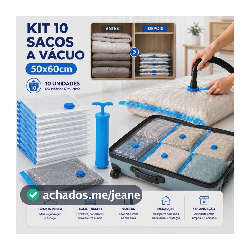Sacos a Vácuo Kit Com 10 50x60 cm com Bomba Manual para Roupas, Edredom, Mala e Organização Nurius