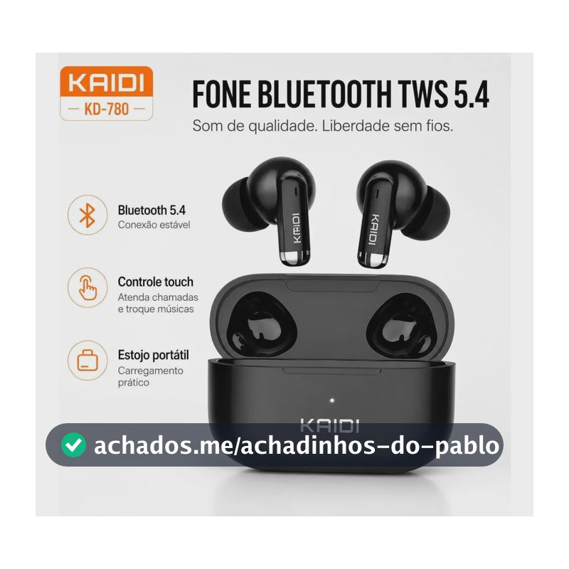 Fone Bluetooth 5.4 Sem Fio Tws Kaidi Kd780 Graves Potentes Preto