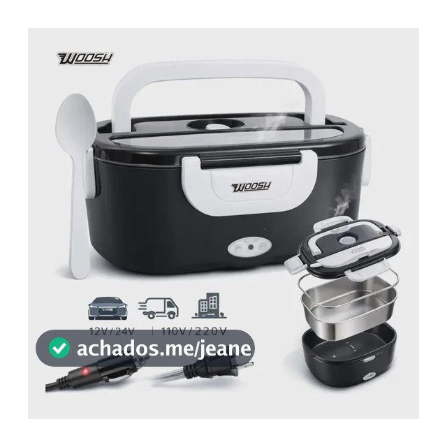 Marmita Elétrica Preta Bivolt Portátil Doméstica 110/220v Veicular 12/24v Lancheira 1.5l Com Divisórias Esquenta Rápido Refeições Práticas Trabalho Casa Carro Caminhão Viagem Faculdade Woosh
