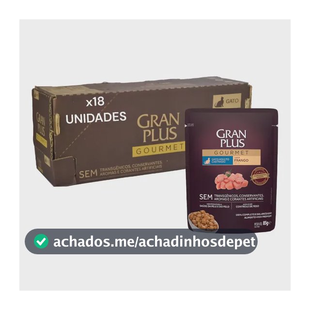 Caixa Ração Úmida Granplus Frango Gatos Castrados 18 Sachês, 85g cada