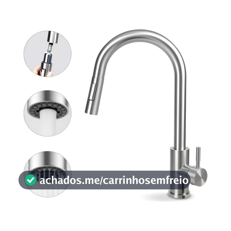 Torneira Monocomando de Cozinha Gourmet Flexível para Mesa, Aço Inoxidável Escovado Prateado