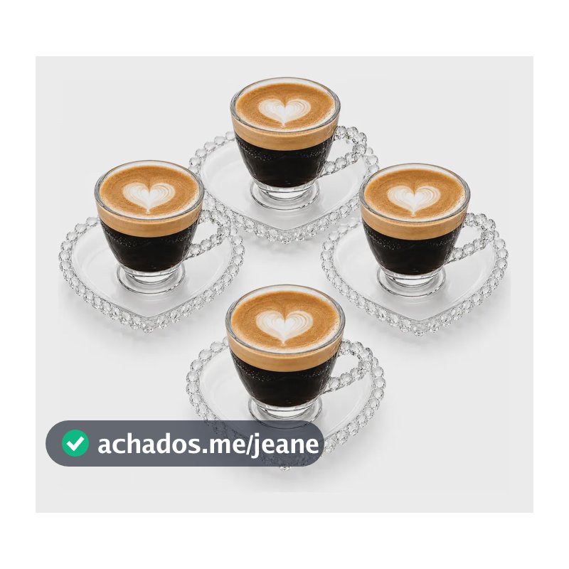 Jogo Kit 4 Xícaras De Café Cristal 80ml Com Pires Coração Transparente Para Espresso Cafezinho Mesa Posta Decoração Elegante