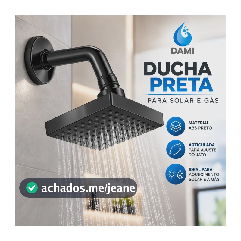 Ducha Chuveiro Dami Quadrada Articulada Preta fosca ABS Para Aquecedor Solar E A Gás Entrada 1/2