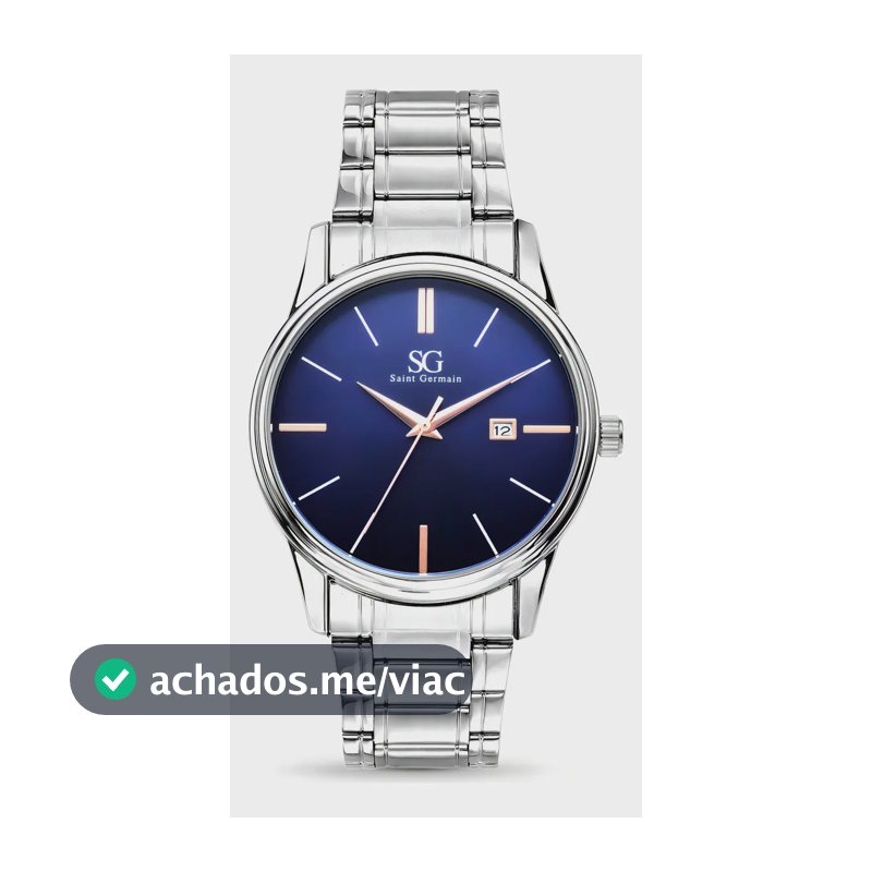 Relógio Masculino Clássico Pulseira Prata Correia Prateada Bisel Prateado Fundo Azul Marinho Saint Germain 42mm Elegante Detalhes Bronze