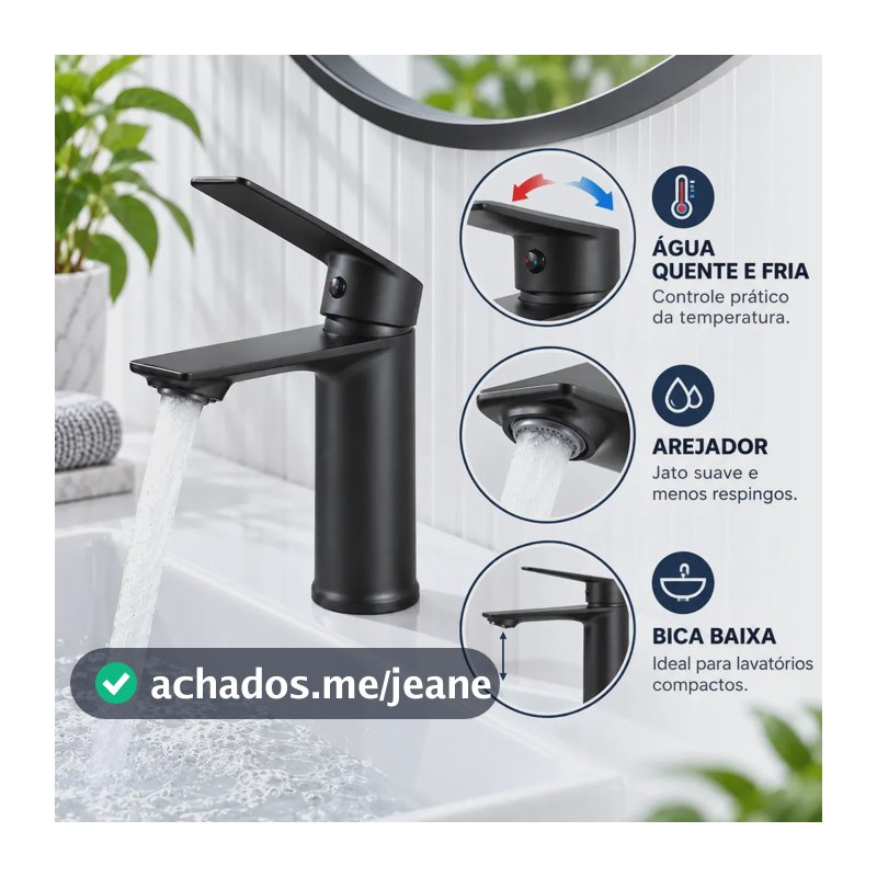 Torneira Monocomando Banheiro Bica Baixa Preta Fosca com Arejador Água Quente e Fria