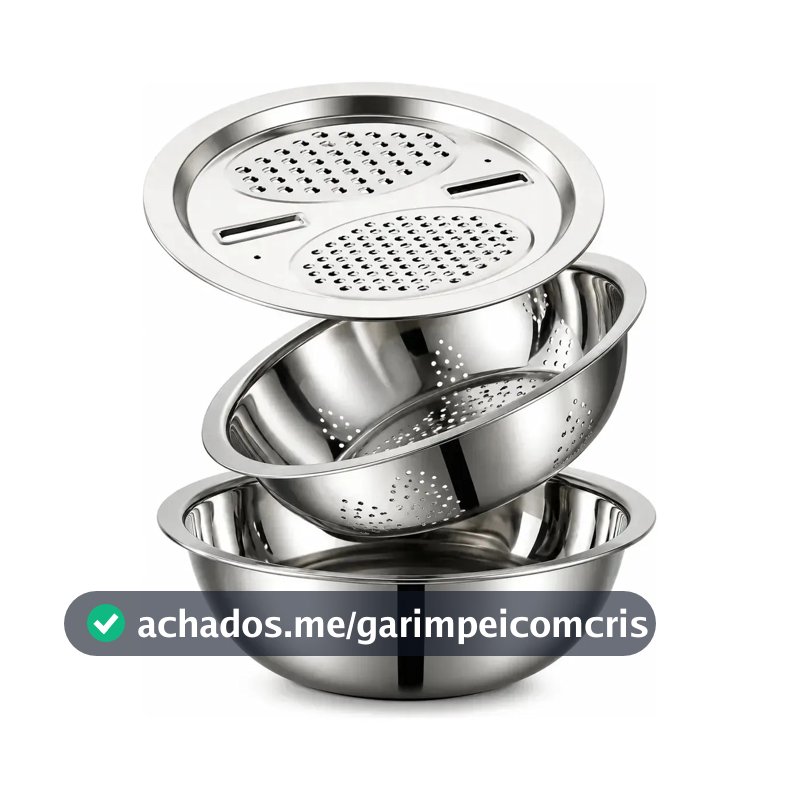 Kit Tigela Inox 6 em 1 com Escorredor e Ralador Cortador Bowl Multifuncional Macarrão Alimentos