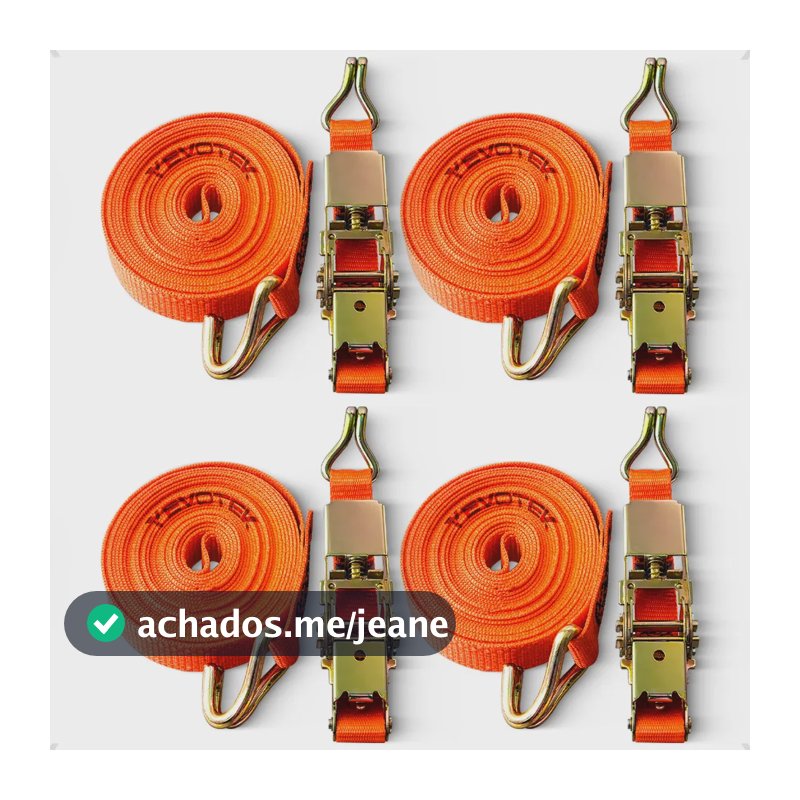 4x Cinta Catraca 800kg Reforçada Amarração Carga 4,6m Gancho Cor Laranja Evotek