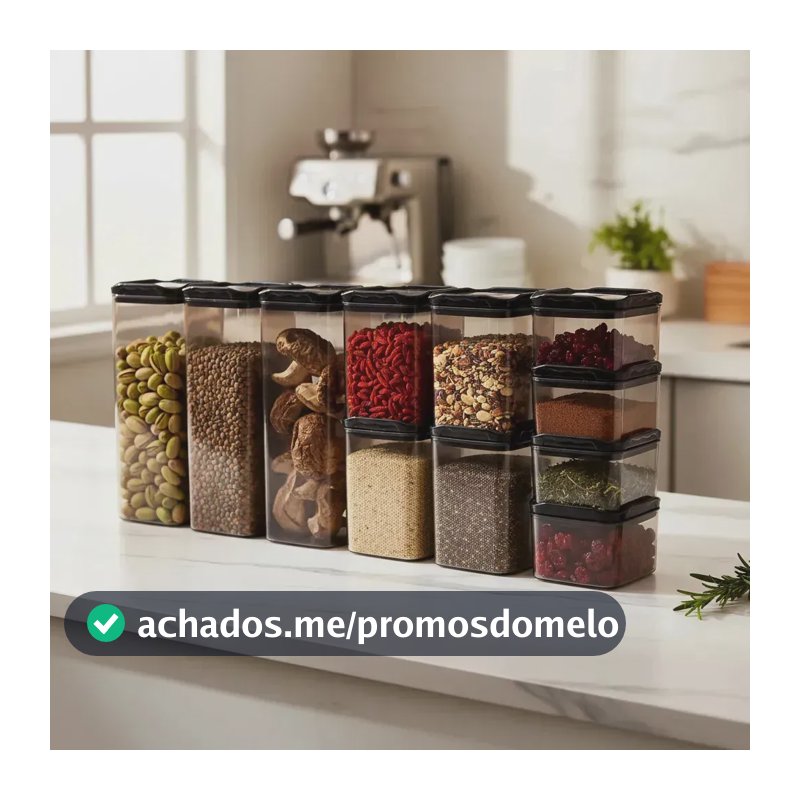 Kit 12 Potes Herméticos de Acrílico Black Premium Porta Mantimentos Empilháveis Aura Utilidades Organizadores para Cozinha Despensa Cereais Grãos Arroz Feijão Farinha Açúcar Café Massas Biscoitos Chá