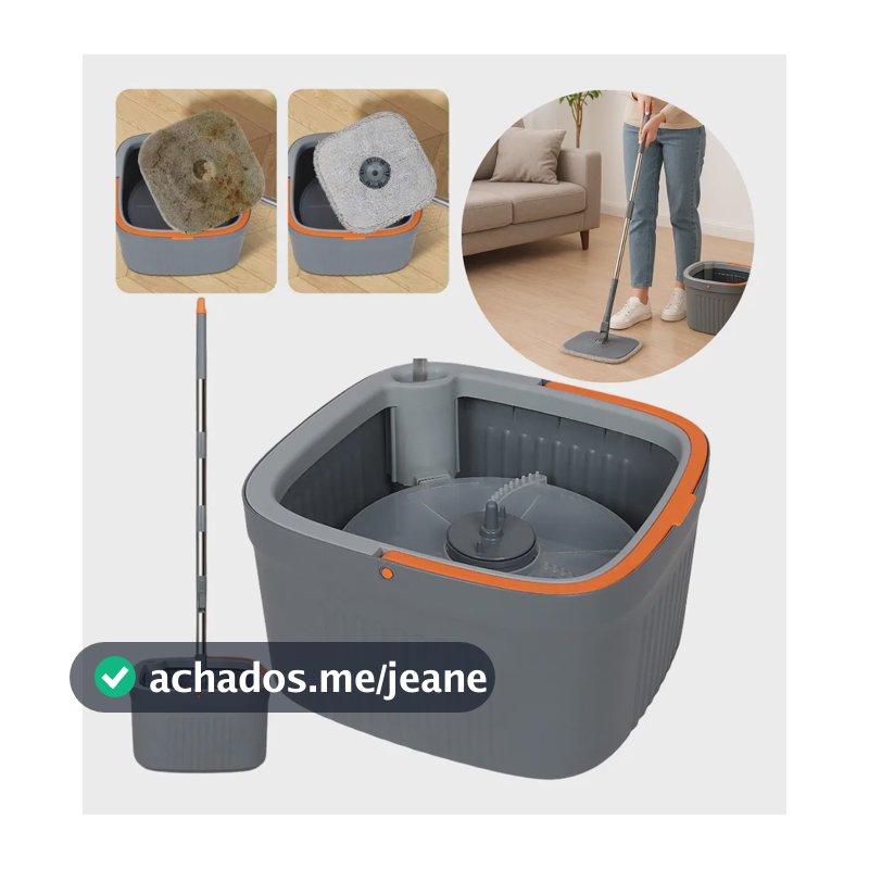 Mop Giratorio Agua Limpa Quadrado Compartimentos Separados Cor Cinza-escuro Import Poemme