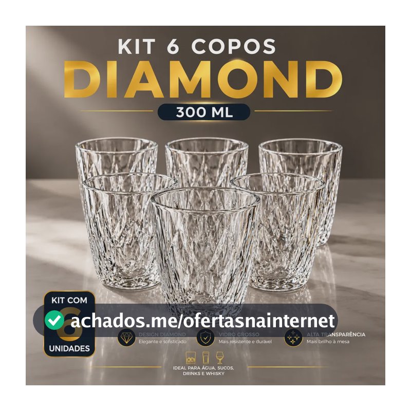 Jogo 6 Copos 300ML Grande Vidro Grosso Diamond Resistente Transparente Kit para Drink Água Suco Refrigerante Bar Restaurante Diamante