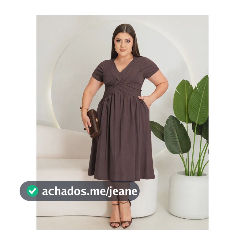 Vestido Midi Plus Size Decote V Transpassado Manga Curta Marrom-claro Liso 56-58