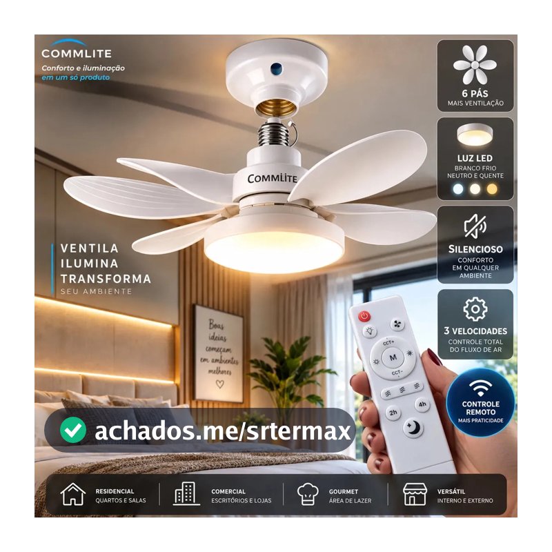 Ventilador de Teto 60W Silencioso Lâmpada Forte com LED, Controle e 6 Pás Soquete E27 Para Residencial Comercial Interno Externo Quarto Sala Cozinha Escritório Gourmet Apartamento Casa - Commlite