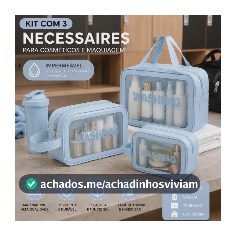 Kit 3 Necessaire Estojo De Toalete Organizador De Malas Kit Maternidade Cosméticos Shampoo Impermeável Ideal Para Áreas Molhadas Viagens Trabalho Academia Material PVC Qualidade Tche Amo Cor Azul