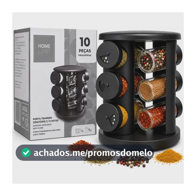 Porta Temperos Condimentos Giratório Preto 9 Potes De Vidro Preto Fosco