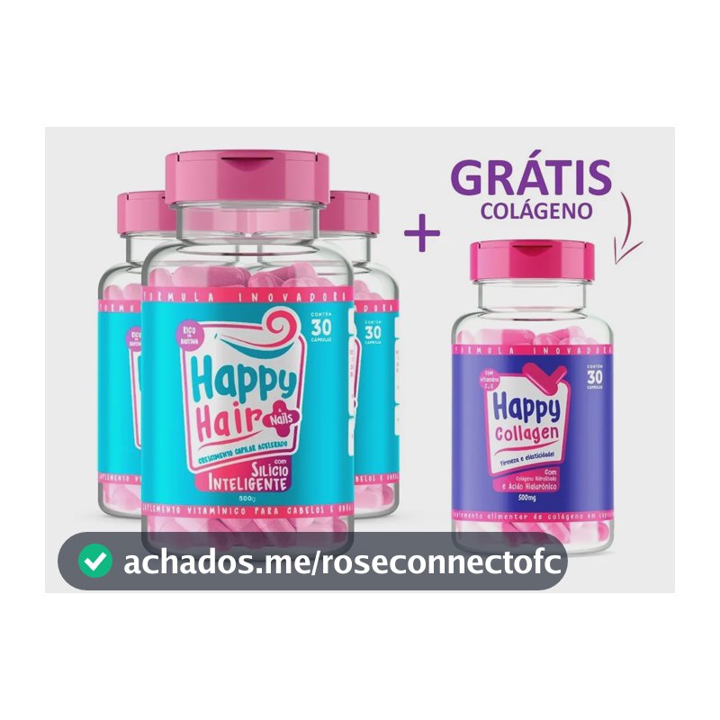 3x Happy Hair + Colágeno Com Ácido Hialurônico