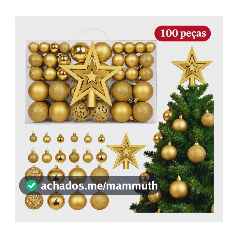 Kit 100 Bolas De Natal Lisas Foscas Glitter Com Estrela Decoração Completa Grande Enfeite Artificial Arvore De Natal Kizumba Cor Dourado
