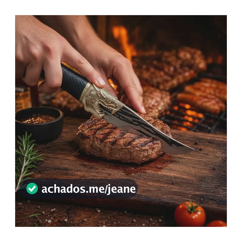 Faca Dragão Churrasco Estilo Artesanal Inox Cabo Texturizado Preto
