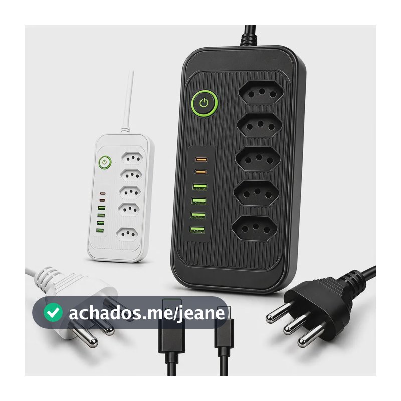 Extensão Elétrica 5 Tomadas 6 Usb 2500w Régua Bivolt Cabo 2m Preto-5tomadas/2usb-c/4usb-a 127/220v