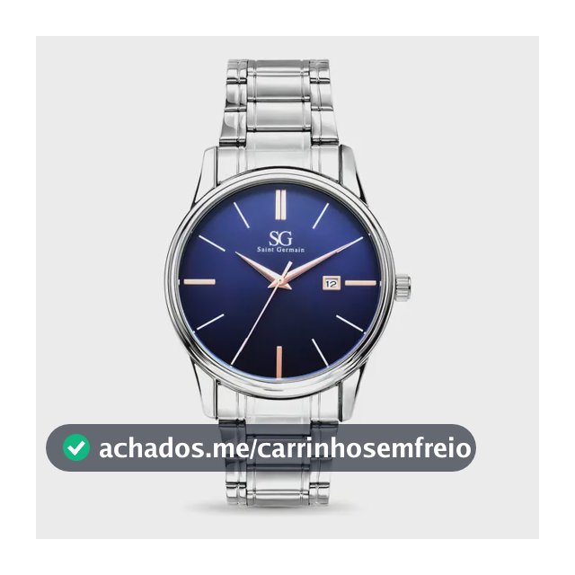 Relógio Masculino Clássico Pulseira Prata Correia Prateada Bisel Prateado Fundo Azul Marinho Saint Germain 42mm Elegante Detalhes Bronze