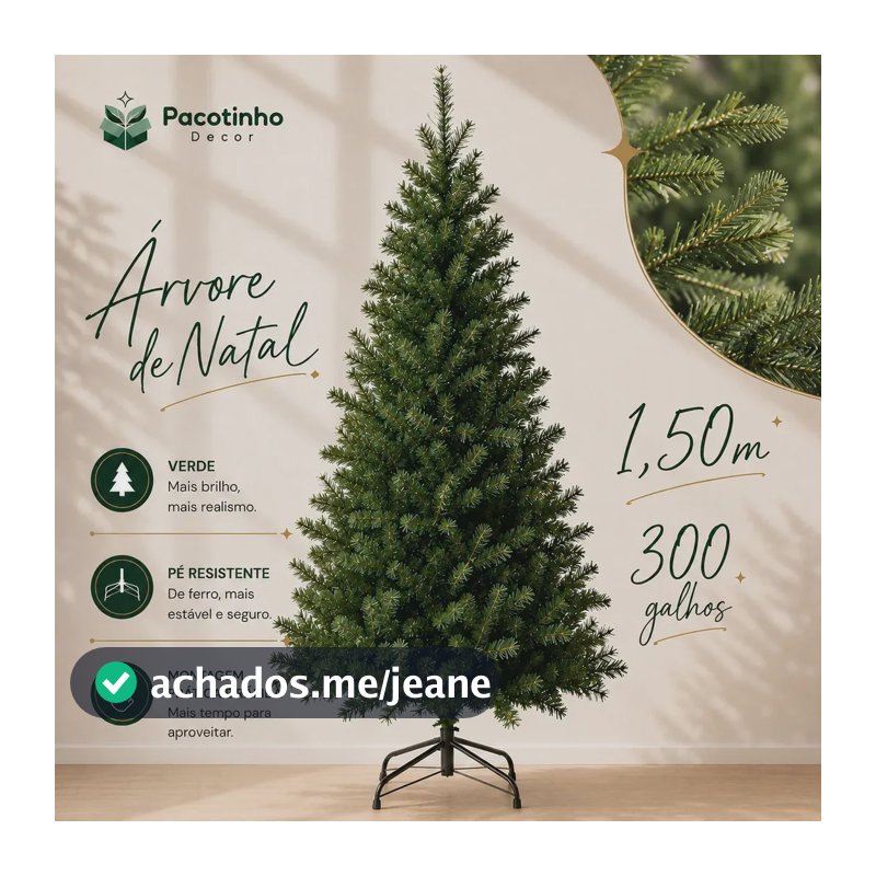 Árvore De Natal 1,50m 300 Galhos Verde Base Metal Pinheiro Canadense Pacotinho Decor