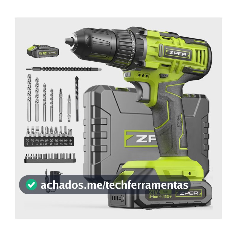 Furadeira Parafusadeira ZPER 21V Sem Fio 35Nm 2 Baterias 2000mAh com Impacto